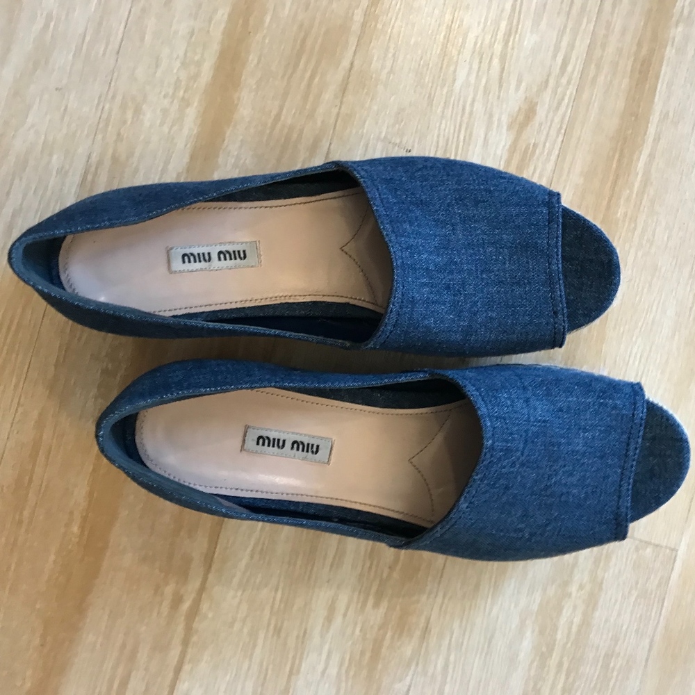 Miu Miu Peep Toe Espandrille Denim Platforms